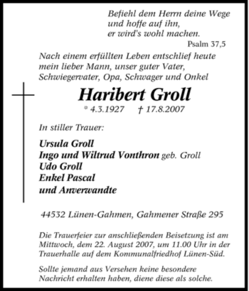 Traueranzeige von Haribert Groll von Tageszeitung