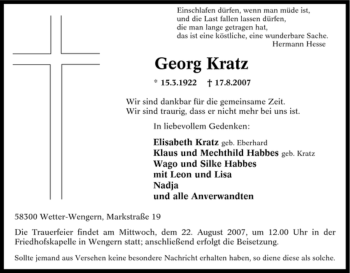 Traueranzeige von Georg Kratz von Tageszeitung