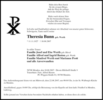 Traueranzeige von Theresia Bunn von Tageszeitung