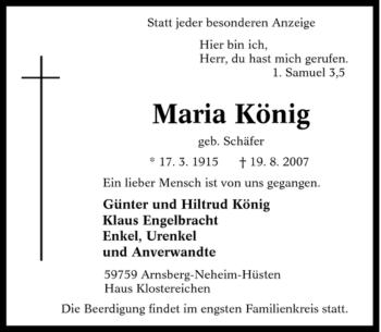 Traueranzeige von Maria König von Tageszeitung