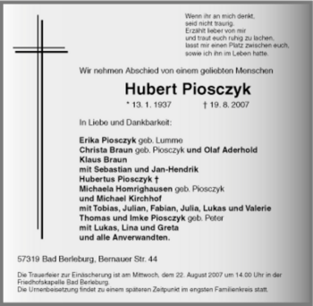 Traueranzeige von Hubert Piosczyk von Tageszeitung