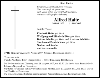 Traueranzeige von Alfred Haite von Tageszeitung