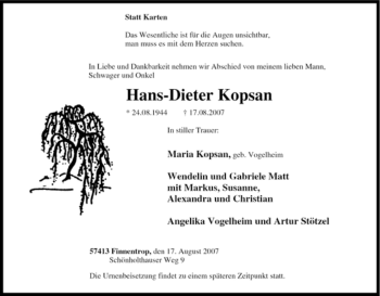 Traueranzeige von Hans-Dieter Kopsan von Tageszeitung