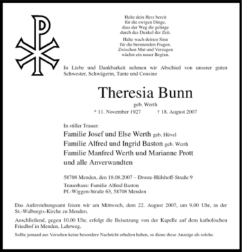 Traueranzeige von Theresia Bunn von Tageszeitung