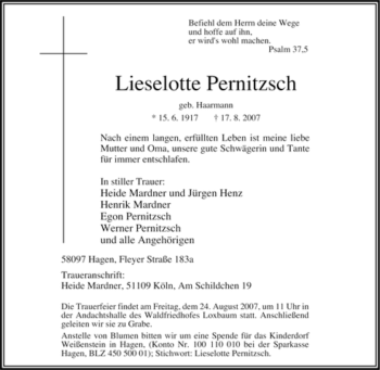 Traueranzeige von Lieselotte Pernitzsch von Tageszeitung