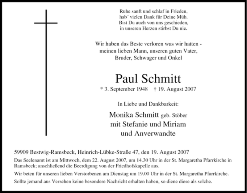  Traueranzeige für Paul Schmitt vom 21.08.2007 aus Tageszeitung