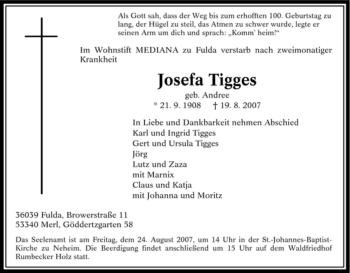 Traueranzeige von Josefa Tigges von Tageszeitung