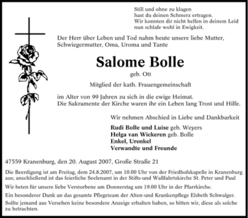 Traueranzeige von Salome Bolle von Tageszeitung