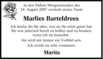 Traueranzeige von Marlies Barteldrees von Tageszeitung