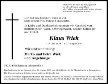 Traueranzeige von Klaus Wiek von Tageszeitung