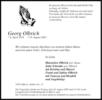 Traueranzeige von Georg Olbrich von Tageszeitung