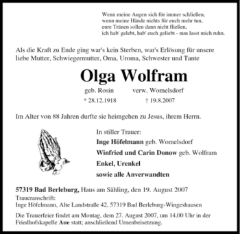 Traueranzeige von Olga Wolfram von Tageszeitung