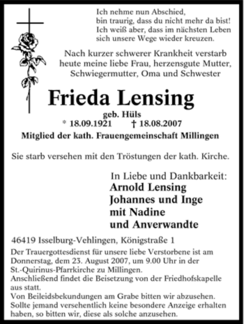 Traueranzeige von Frieda Lensing von Tageszeitung