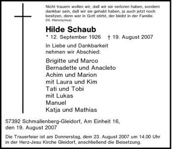 Traueranzeige von Hilde Schaub von Tageszeitung