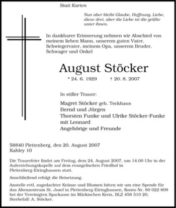 Traueranzeige von August Stöcker von Tageszeitung