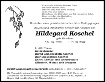 Traueranzeige von Hildegard Koschel von Tageszeitung