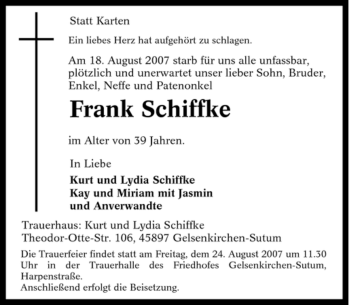 Traueranzeige von Frank Schiffke von Tageszeitung