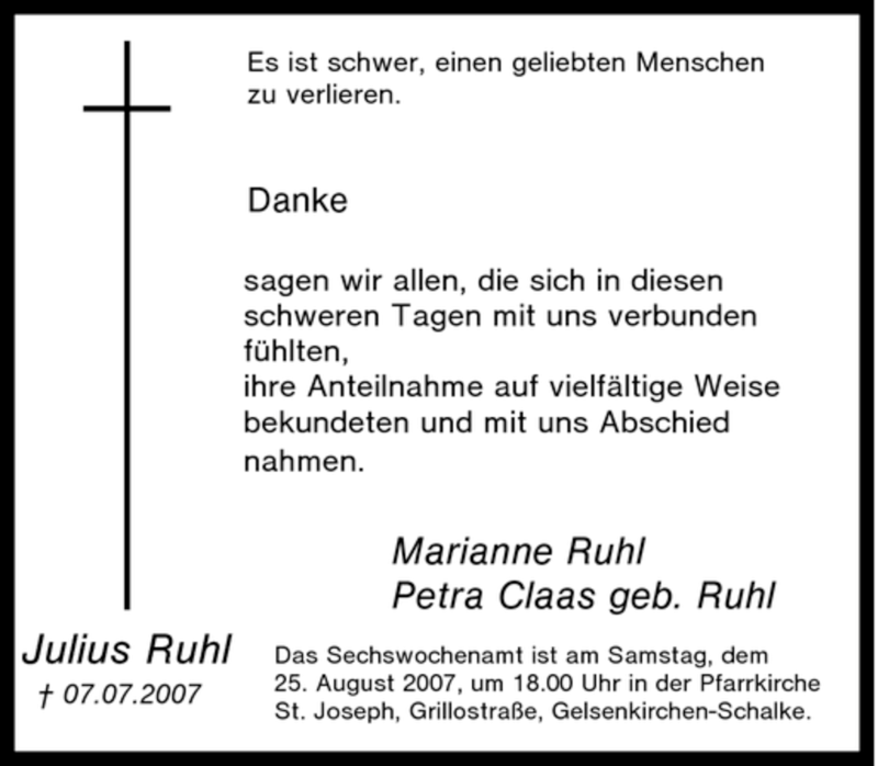 Traueranzeige für Julius Ruhl vom 22.08.2007 aus Tageszeitung