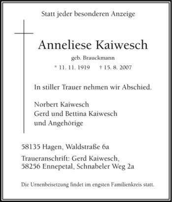 Traueranzeige von Anneliese Kaiwesch von Tageszeitung
