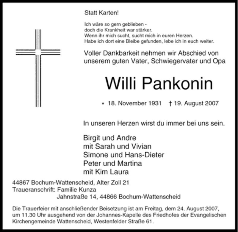  Traueranzeige für Willi Pankonin vom 22.08.2007 aus Tageszeitung
