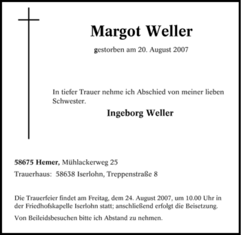 Traueranzeige von Margot Weller von Tageszeitung