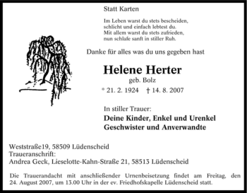 Traueranzeige von Helene Herter von Tageszeitung