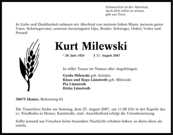 Traueranzeige von Kurt Milewski von Tageszeitung
