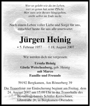 Traueranzeige von Jürgen Heinig von Tageszeitung