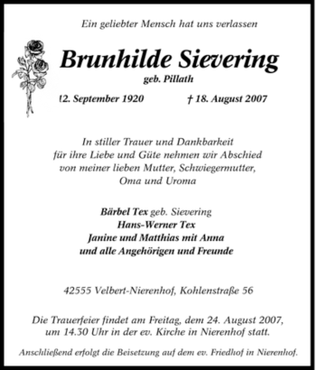 Traueranzeige von Brunhilde Sievering von Tageszeitung