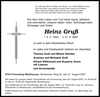 Traueranzeige von Heinz Gruß von Tageszeitung
