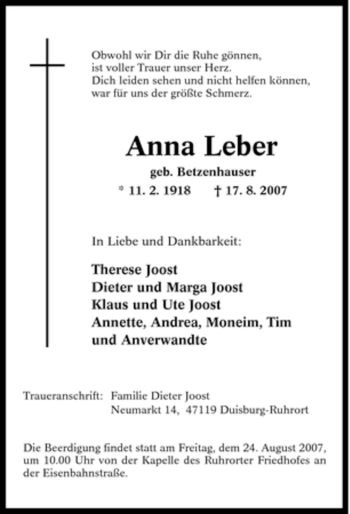 Traueranzeige von Anna Leber von Tageszeitung