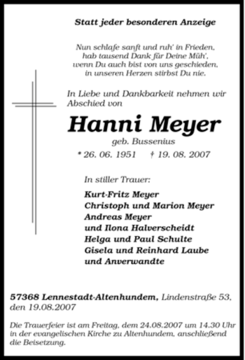 Traueranzeige von Hanni Meyer von Tageszeitung