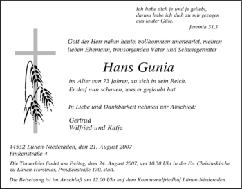 Traueranzeige von Hans Gunia von Tageszeitung