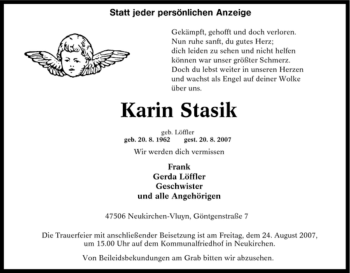 Traueranzeige von Karin Stasik von Tageszeitung