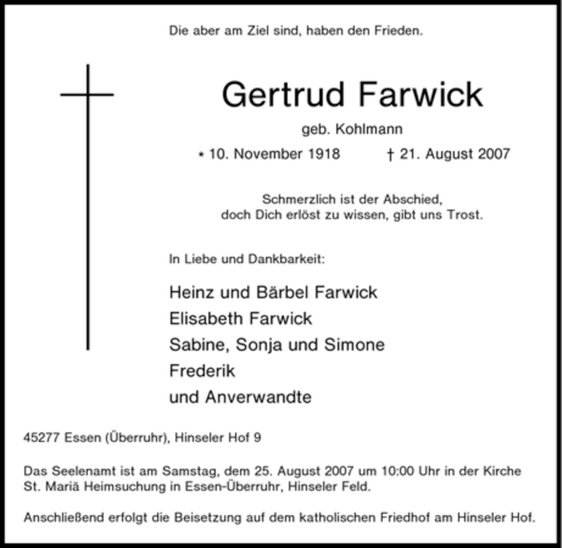 Traueranzeigen Von Gertrud Farwick Trauer In Nrwde