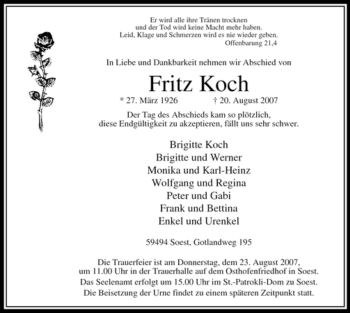 Traueranzeige von Fritz Koch von Tageszeitung