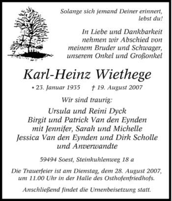 Traueranzeige von Karl-Heinz Wiethege von Tageszeitung
