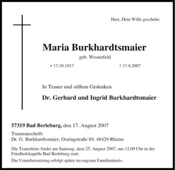 Traueranzeige von Maria Burkhardtsmaier von Tageszeitung