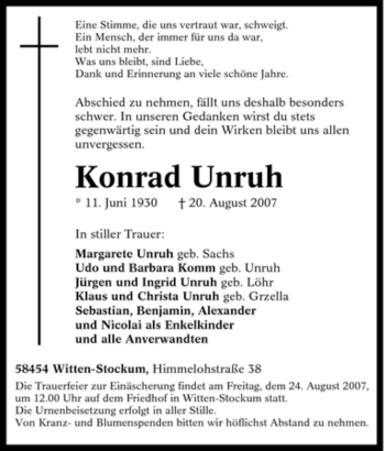 Traueranzeige von Konrad Unruh von Tageszeitung