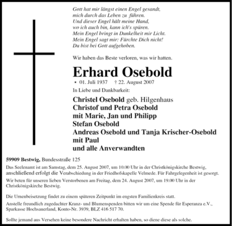  Traueranzeige für Erhard Osebold vom 23.08.2007 aus Tageszeitung