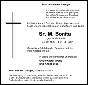Traueranzeige von Sr. M. Bonita von Tageszeitung