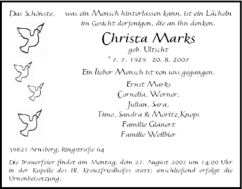 Traueranzeige von Christa Marks von Tageszeitung
