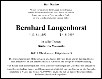 Traueranzeige von Bernhard Langenhorst von Tageszeitung