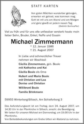 Traueranzeige von Michael Zimmermann von Tageszeitung