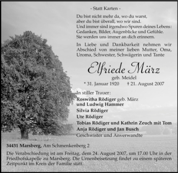 Traueranzeige von Elfriede März von Tageszeitung