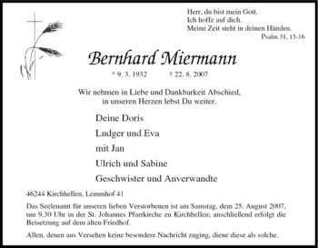 Traueranzeige von Bernhard Miermann von Tageszeitung
