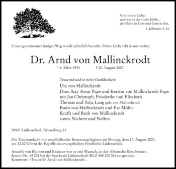 Traueranzeige von Arnd von Mallinckrodt von Tageszeitung