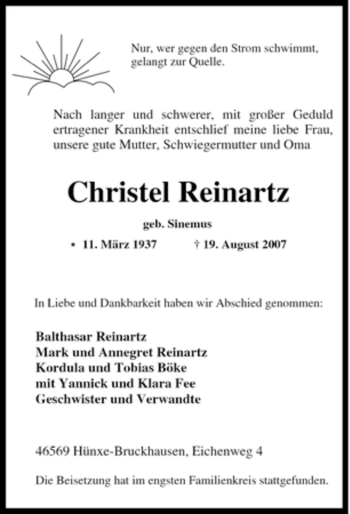 Traueranzeige von Christel Reinartz von Tageszeitung