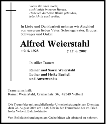 Traueranzeige von Alfred Weierstahl von Tageszeitung