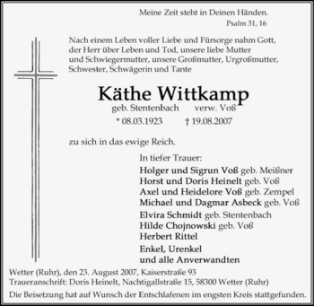 Traueranzeige von Käthe Wittkamp von Tageszeitung